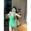 Sweet and Spicy Wind Green Polka Dot Dress Women's Summer V-neck Neck Suspender Skirt Vacation Wind Waist and Thin Short Skirt