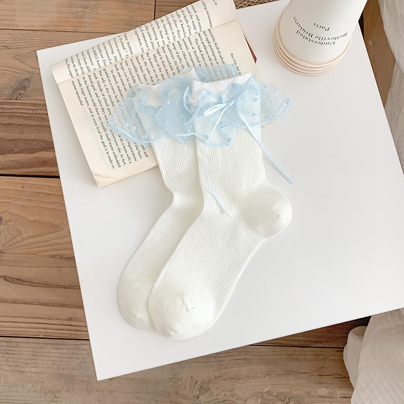 Ladies Summer Thin Lovely Polka Dot Mesh Bow Boneless Tube Pile Socks