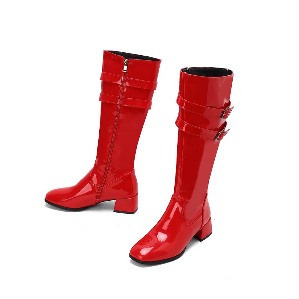 Red Black Women Knee High Boots Round Toe Mid Chunky Heels Small Big Size 32 46