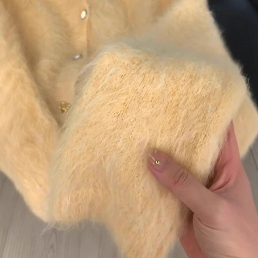 Milk Yellow Soft Waxy Imitation Mink Fleece Sweater Women's Autumn and Winter New Niche Design Single-breasted Knitted Cardigan