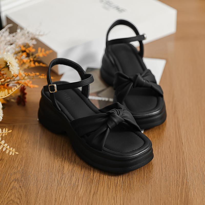

Spot~~ Platform sandals women s summer new bow thick heel with open toes, fairy style Roman shoes 35 чёрный