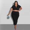 MY676 Plus Size Womens Knit Long Sleeve Crop Top Maxi Skirt Set Black Milk Silk Casual Outfit 2025