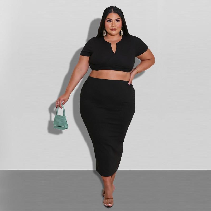 MY676 Plus Size Womens Knit Long Sleeve Crop Top Maxi Skirt Set Black Milk Silk Casual Outfit 2025