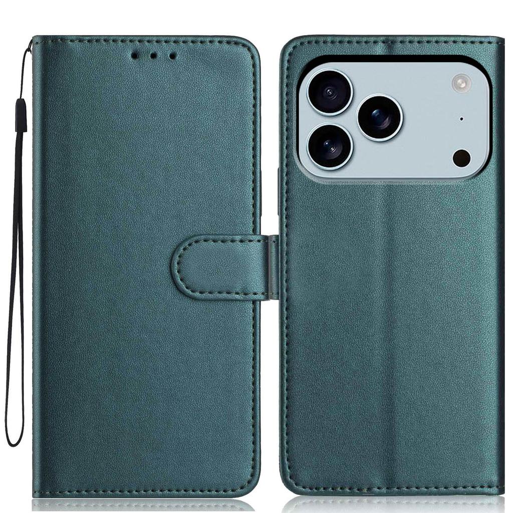 For iPhone 17 Pro Max Wallet Case with Strap/Multiple Card Slots Solid Color Leather Stand Phone Cover