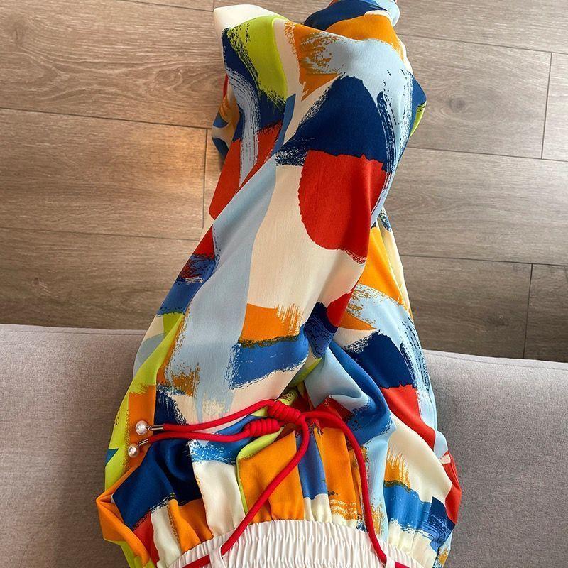 Dámské letní tenké ledově hedvábné ležérní kalhoty s širokými nohavicemi - Volné splývavé kalhoty s vysokým pasem, s batikou, zeštíhlující, rovné