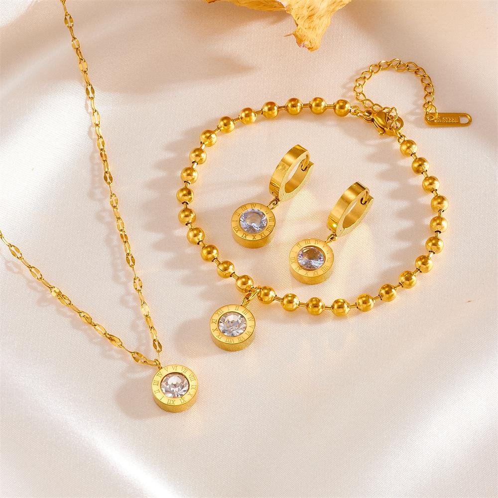 Roman Stainless Steel Jewelry Set: Color-Preserving Necklace, Bracelet & Earrings - Non-Fading, Simple Titanium Design