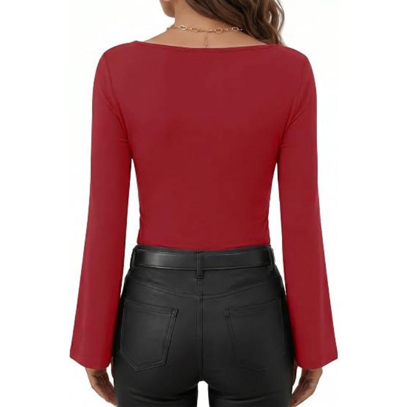Women S Slim Fit Long Sleeve Flared Sleeve T Shirt Solid Color