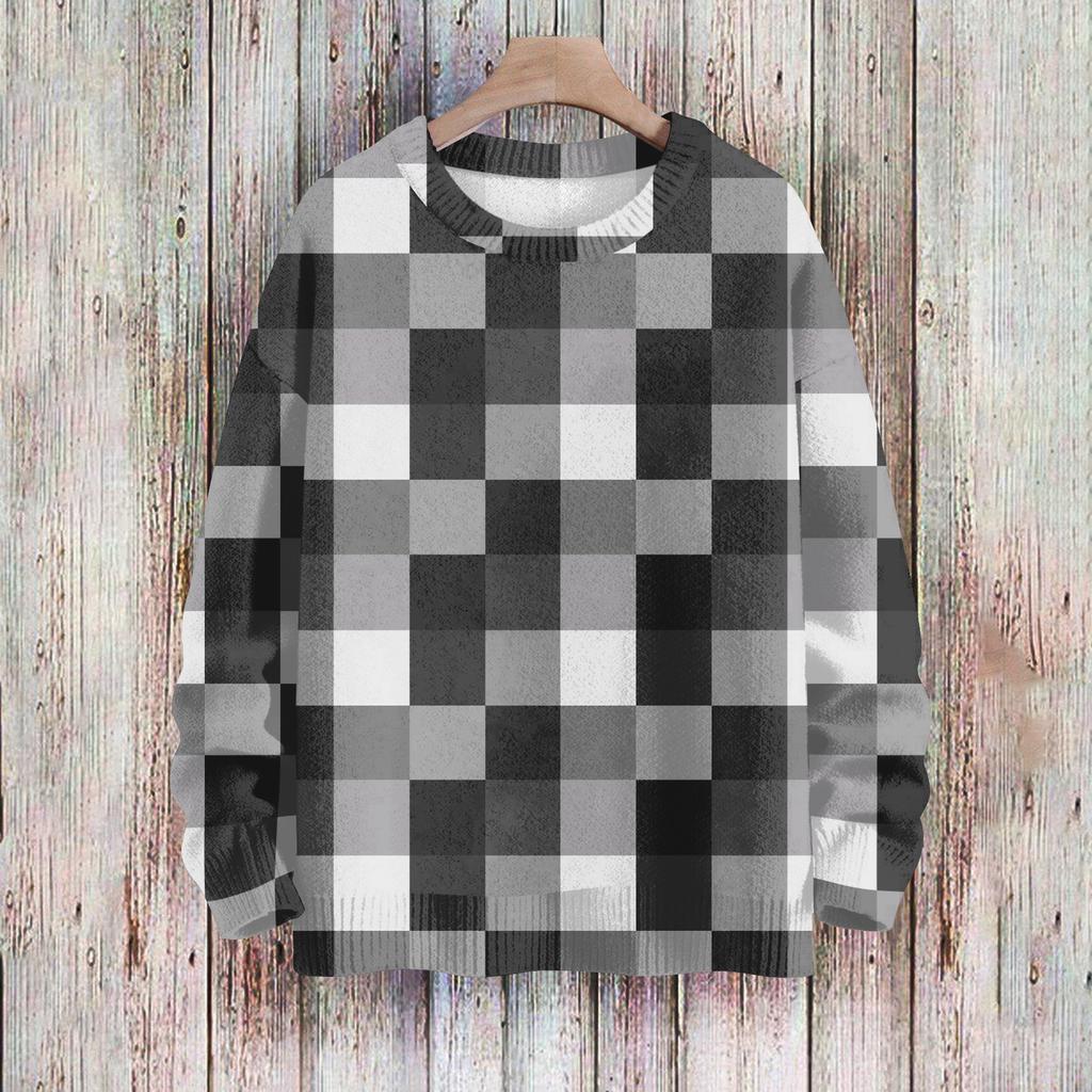 Women's Fashionable Casual Long-sleeved Checkered Printed Round-neck Sweater Knitted Top