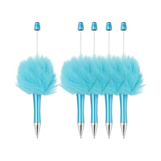 Fluffy Bead Pen, Plush Faux Fur Plastic Beadable Ballpoint Pen for DIY Gifts, Writing, Office Supplies - 5pcs (Light Blue)