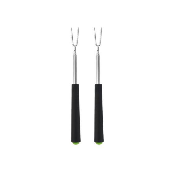 2Pcs Retractable BBQ Fork with V-Shaped Prongs Non-Slip Handle Stainless Steel Grilling Fork Portable Outdoor Cooking Tool for Camping Picnic Party