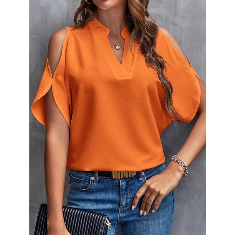 Women's summer new solid color V-neck temperament fashion off-the-shoulder sleeves women's top
