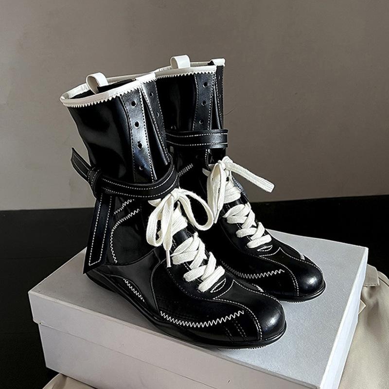 Cowhide Version~ Flat Bottom Inner Height Increase Martin Boots Women's 2025 New Boxing Boots Matte Leather Lace-up Short Boots German Training Boots