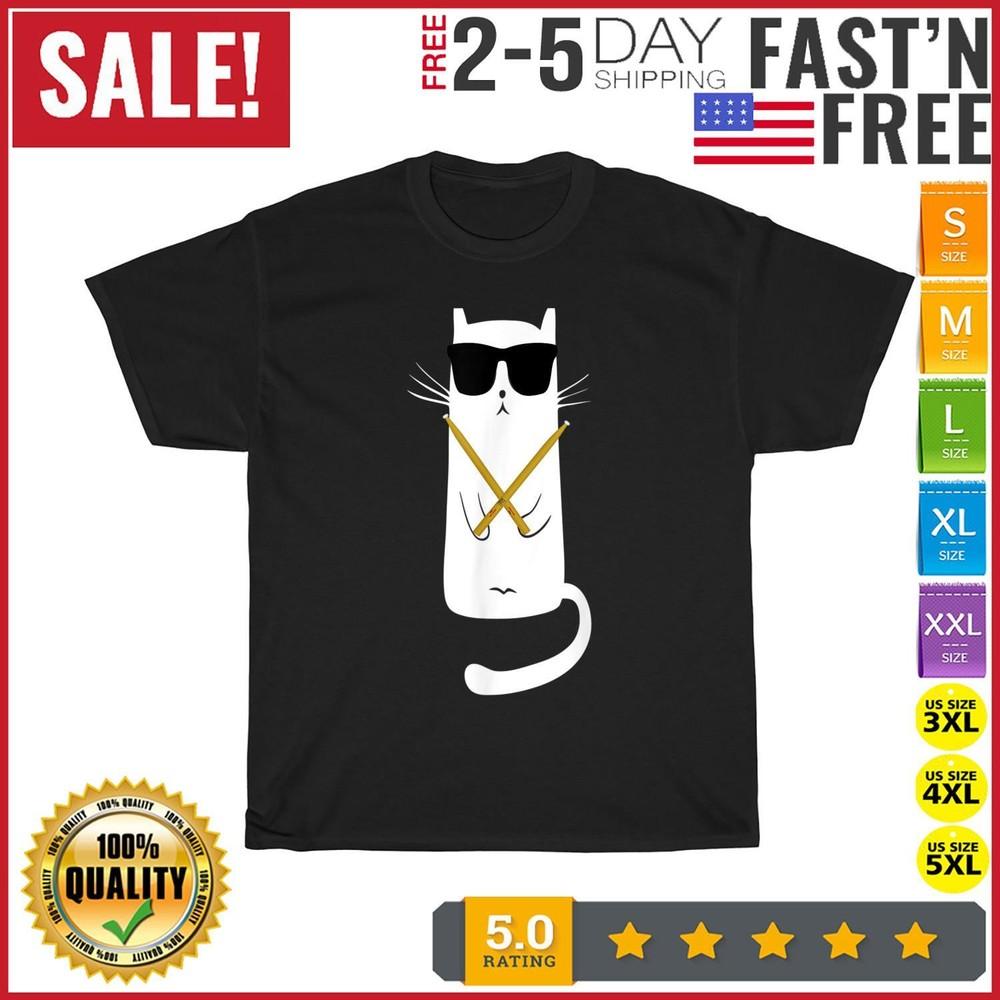 

Funny Cat Wearing Sunglasses Playing Drums Drummers T Shirt Men Women Fashion 4XL