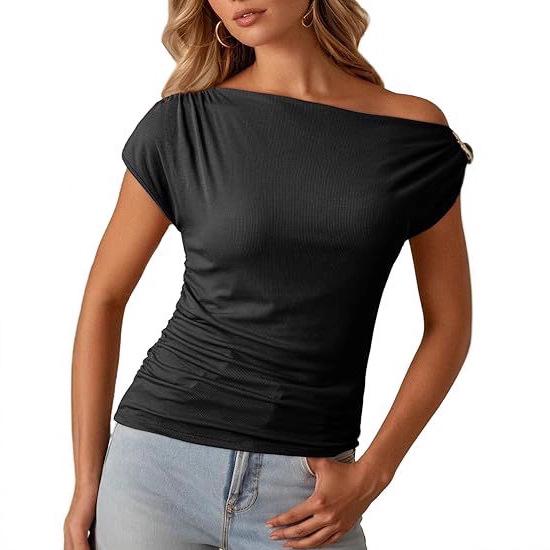 2026 European & American Off-Shoulder Cinched Waist Fashion Pullover Women's T-Shirt