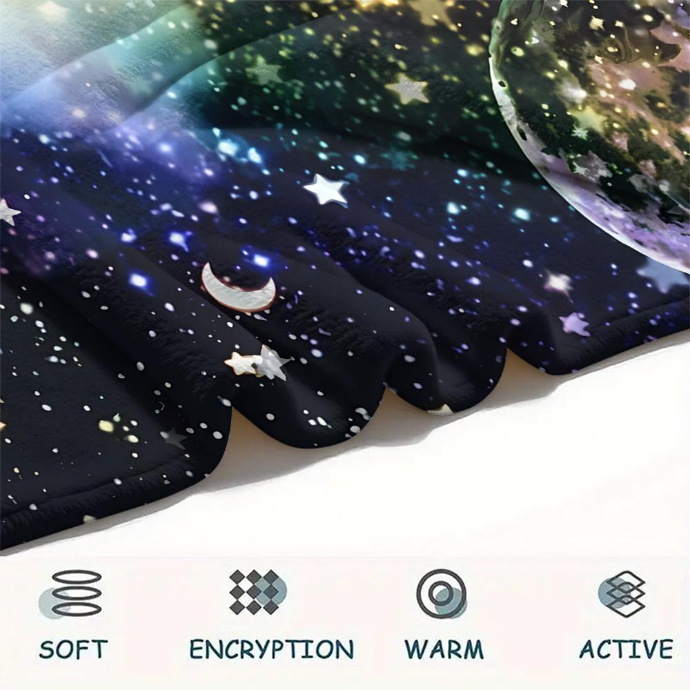 1Pc Galaxy Moon Print Flannel Blanket, High quality Comfortable for All Seasons, Home Decor, Warmth and Comfort, Perfect for Gifts