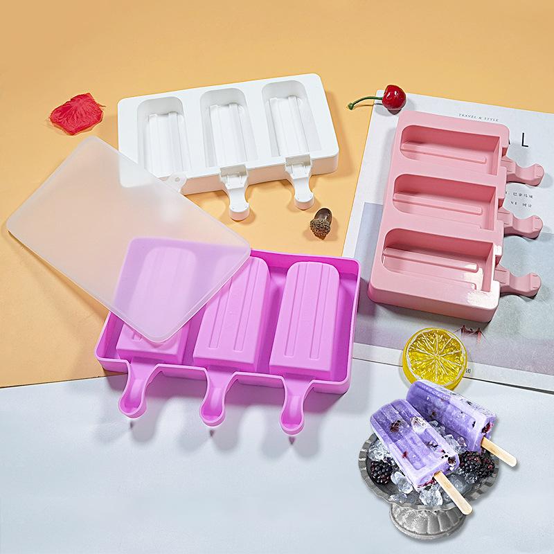 Food Grade Silicone Ice Cream Mold, Pop Cube, Popsicle with Sticks, Dessert DIY, Magnum Cake Maker, 3 Holes