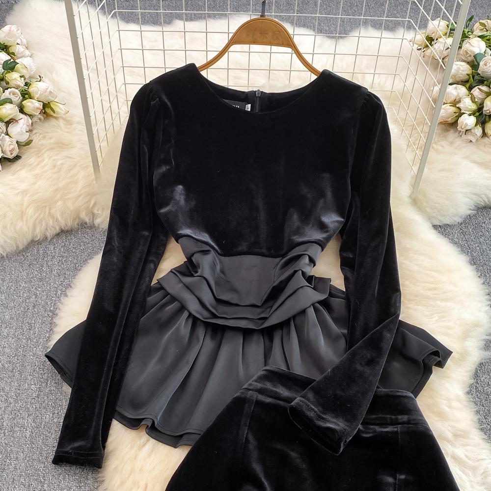 Sweet Casual Two Piece Set Women Ruffles Patchwork Shirts Solid Color High Waist Skirts Suits Autumn Winter Fashion Party Sets
