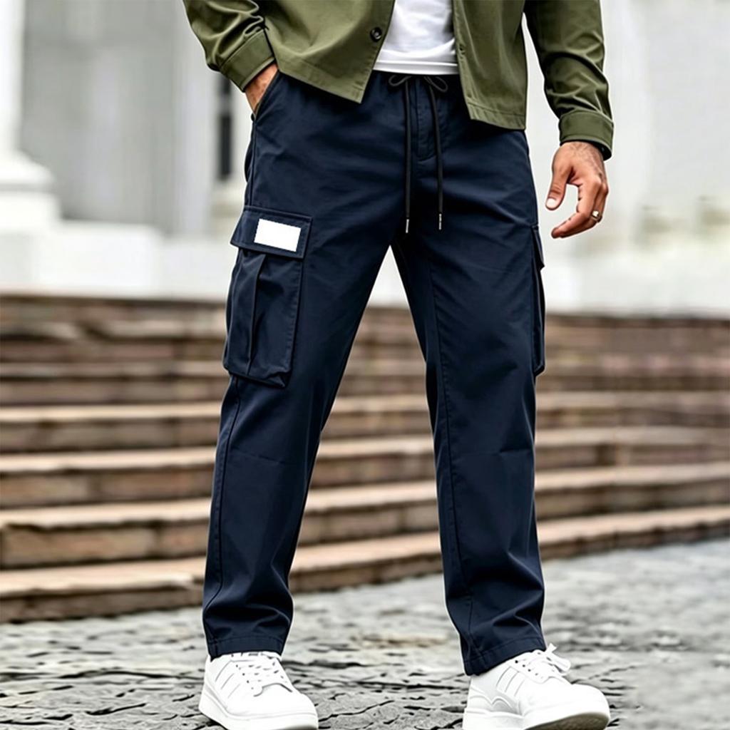 Men Drawstring Waist Cargo Pants with Multiple Pockets Relaxed Fit Trousers for Daily Casual Outdoor Activities