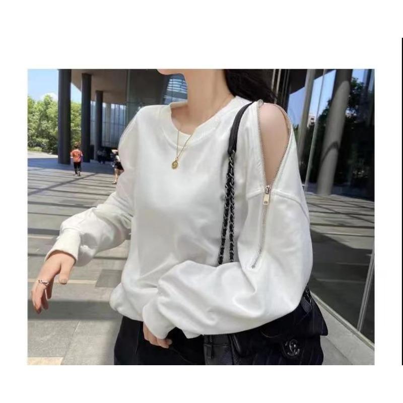 Women S Oversize Thin Autumn Long Sleeve Zip Off Shoulder Hoodie Loose Fit Solid Top