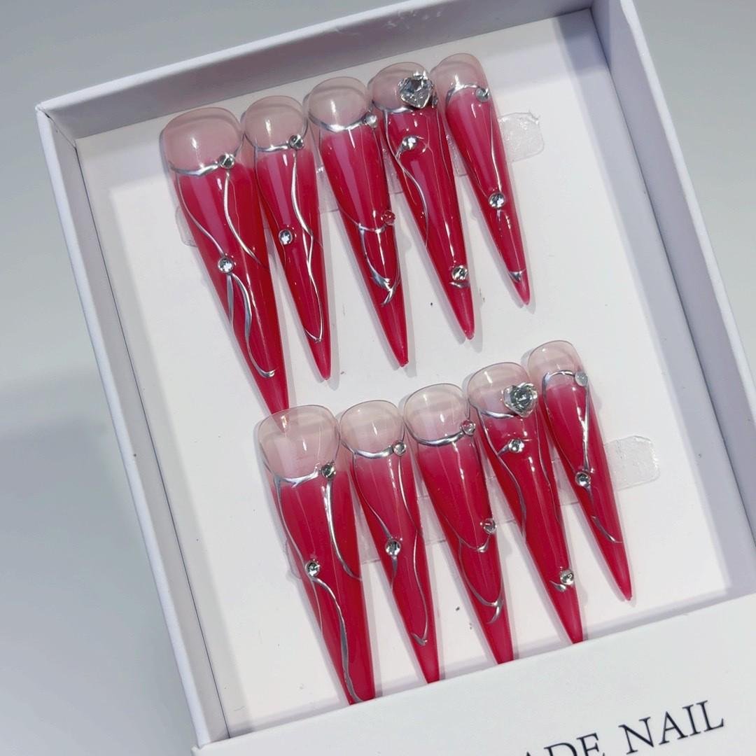 Sweet & Cool Metallic Blush Long Pointed Handmade Fake Nails Medium