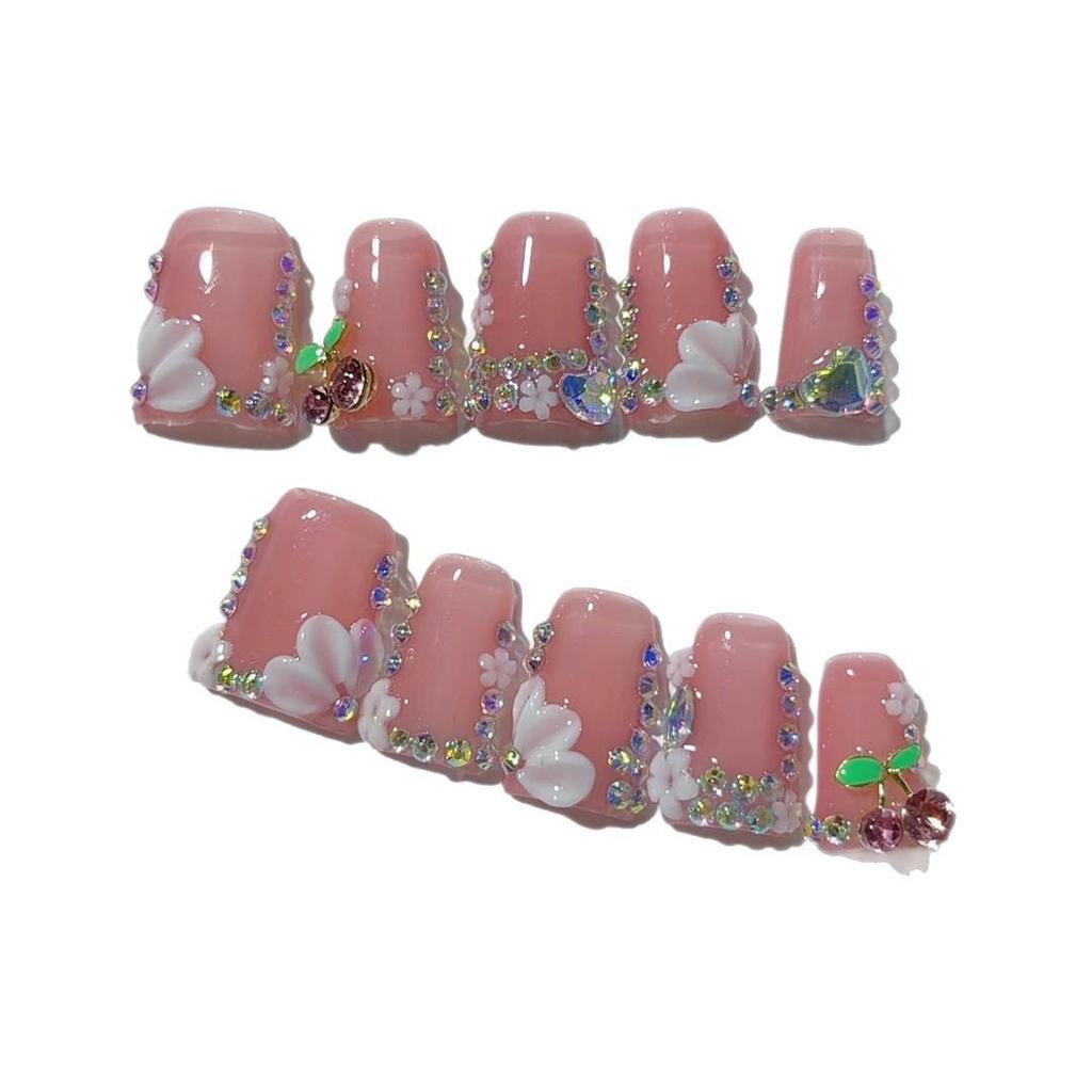 10-Piece Gold Butterfly & Pink Flower Duckbill Wearable Nails