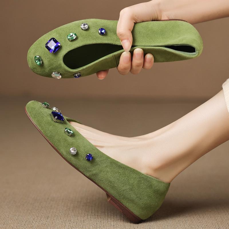 Fashion Shiny Colorful Rhinestone Decorated Flats Women Elegant Cozy Round Toe Shallow Low Heel Pumps Luxury Suede Brand Designer Shoes
