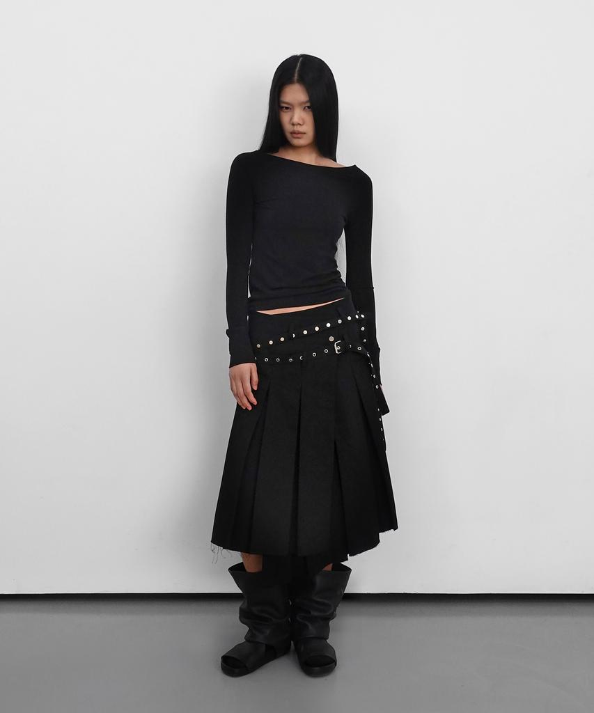 Saendeulig Eyelet Layered Midi Skirt_Black