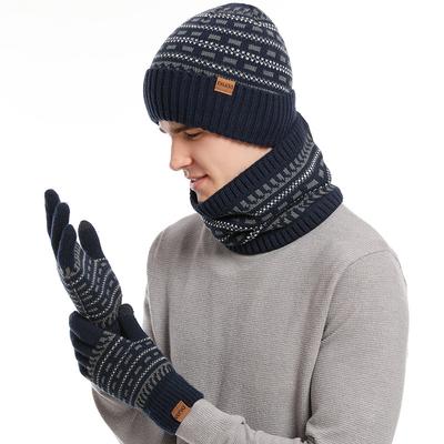 Autumn and Winter Men's Warm Wool Hat Knitted Thickened Adult Hat Scarf Gloves Three-piece Set