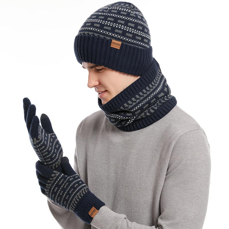 

Autumn and winter men s warm wool hat knitted thickened adult hat scarf gloves three-piece set