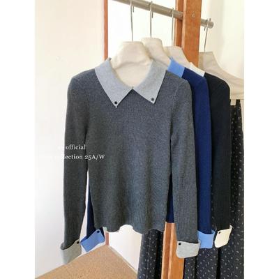Contrasting Color Lapel Niche Bottoming Top Women's Autumn and Winter Design Sense Temperament Soft Waxy Inner Knitted Sweater