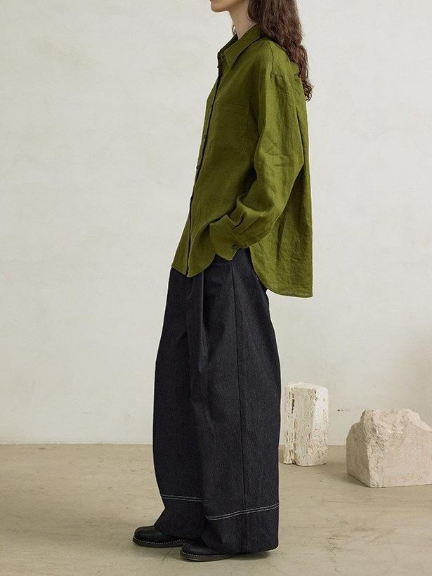 Green 100% Linen Women's Loose Long Sleeve Shirt for Early Autumn Wear
