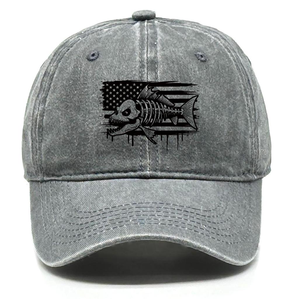 American Flag Fish Skeleton Print Adjustable Baseball Hat, Patriotic Mesh Hat Retro Distressed Non-Stretch Fabric Washed Snapback Sun Hat