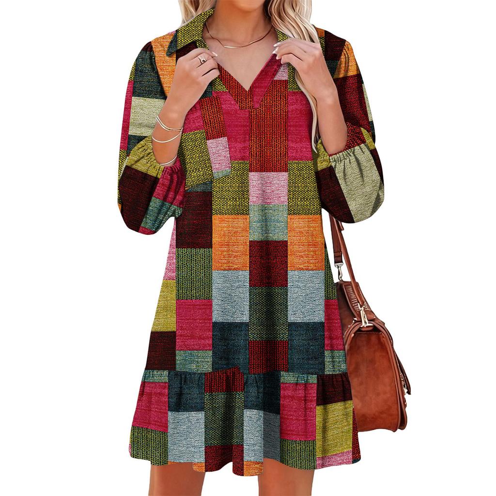 Women's fashionable and elegant long-sleeved V-neck pocket plaid print dress