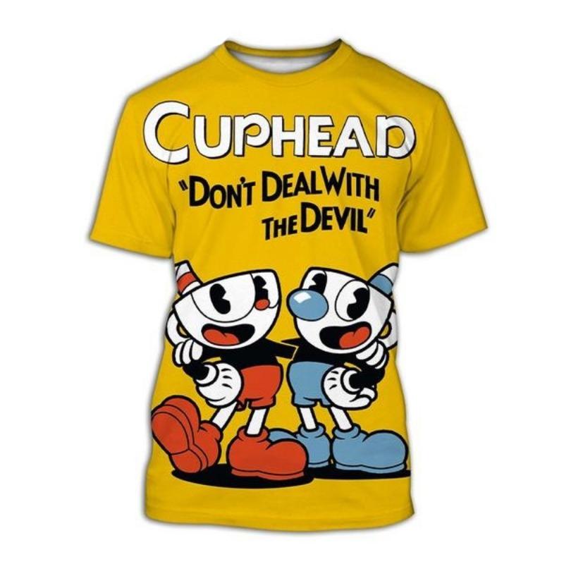 2025 Cuphead 3D printed men's casual summer fashion round neck fun T-shirt suitable for both men and women short sleeved top siz