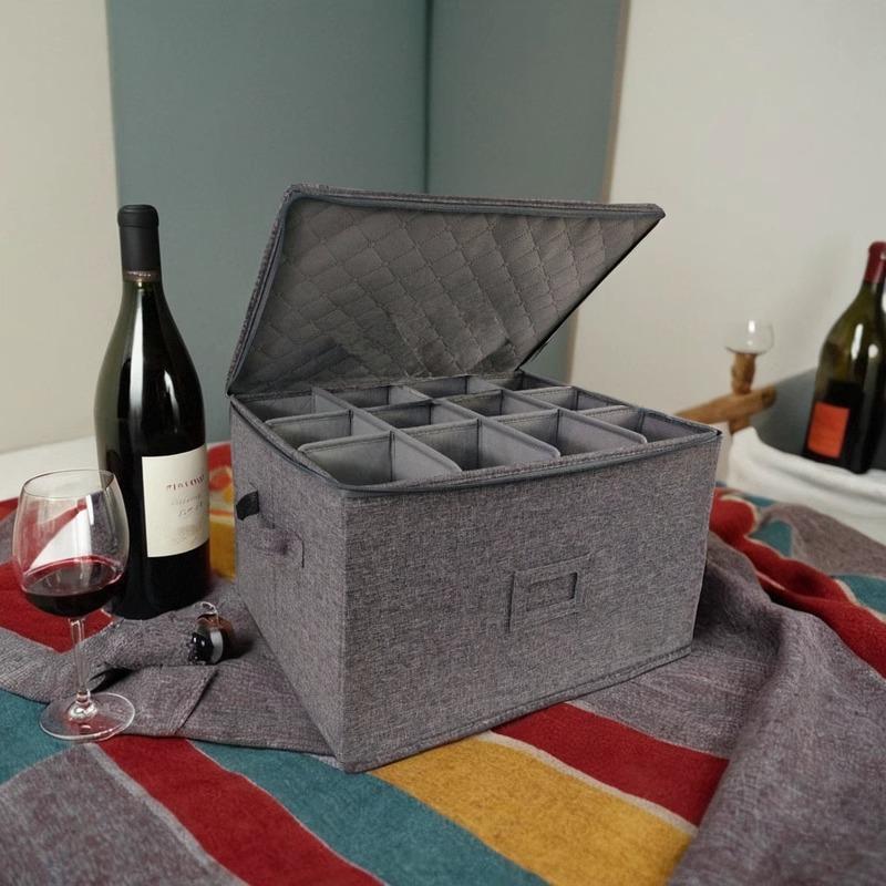 Wine Glass Holder, 12-Slot Collapsible Organizer, Zippered Handle Stemware Case, Portable Dustproof Fabric Travel Box