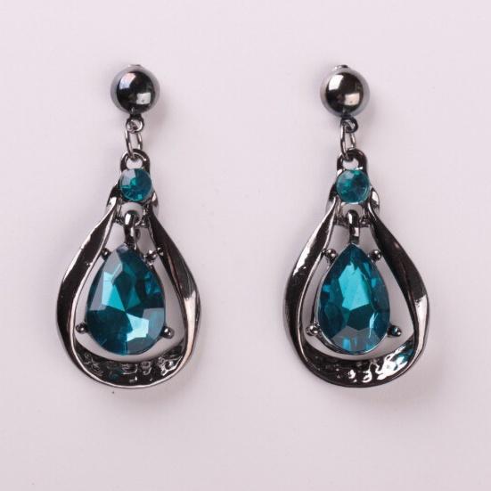 Women Fashion Water-drop Faux Sapphire Dangle Ear Studs Necklace Jewelry Set