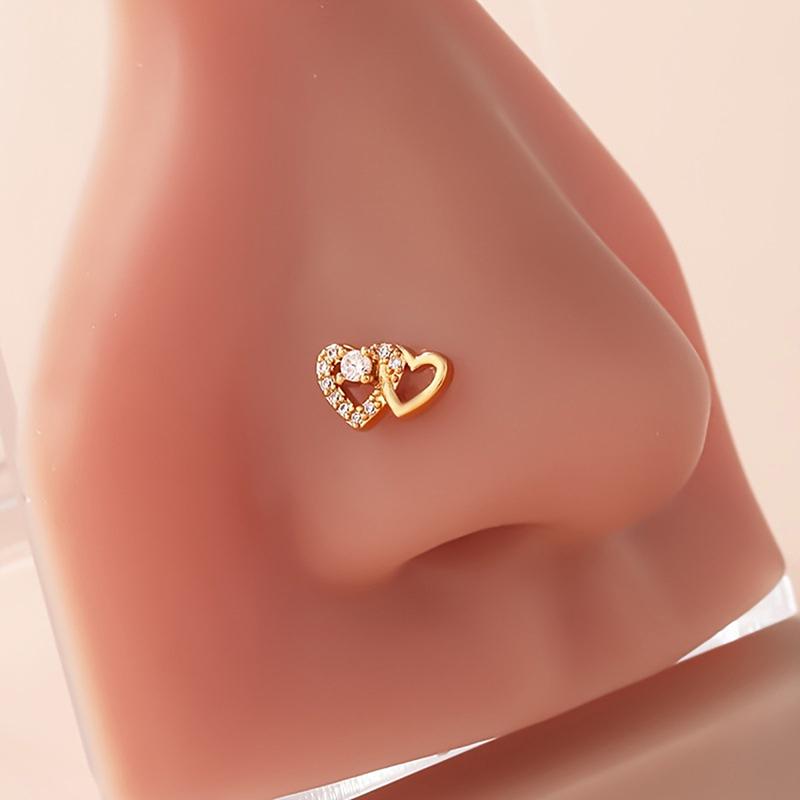 Modische L-förmige Nasensteckerringe Niedlicher glänzender Doppelherz-Nasenring für Frauen Mädchen Körperpiercing-Schmuck Vielseitiger Nasenring