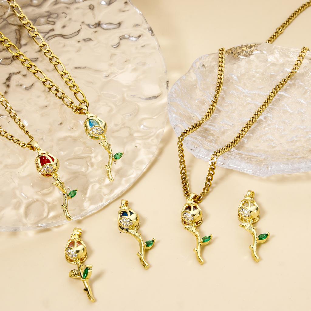 2 PCs Rose Brass 8K Gold Plated Tulip Flower Micro Pave Clear Cubic Zirconia Pendants Exquisite Jewelry Findings 3.8cm x 1.2cm