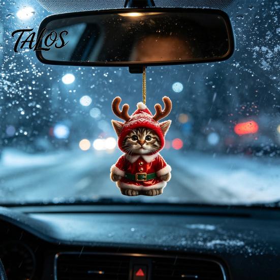 Cute Cat Christmas Decor Santa Ornament, Acrylic Car Mirror Hanging with Holiday Gift Packaging Embellishments Reindeer Antlers, 2D Bag Charm