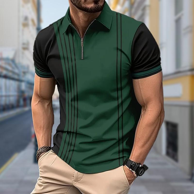 Men's Shirt Polo Casual Zip Short Sleeve Fashion Casual Zipper Summer Spring Regular Fit 3D Stripe Print Shirt