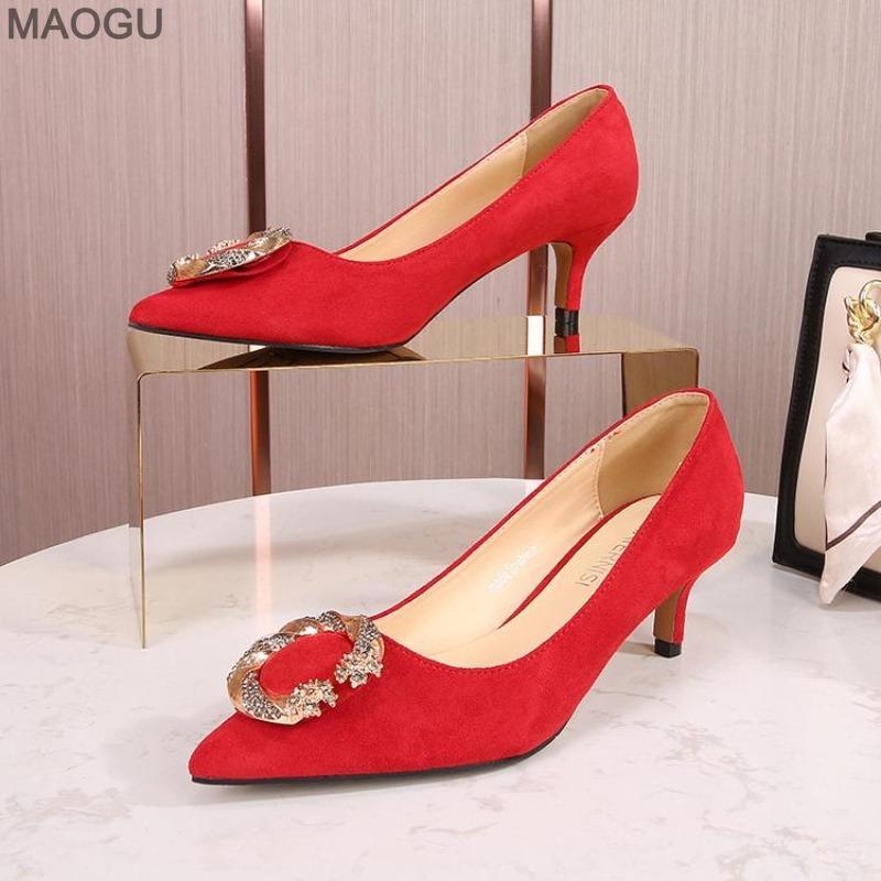 Pointed Toe Office Ladies High Heel Pumps Metal Decors Slip-on Suede Leather Women's Heels Fashion Talons Elegant Large Size 46
