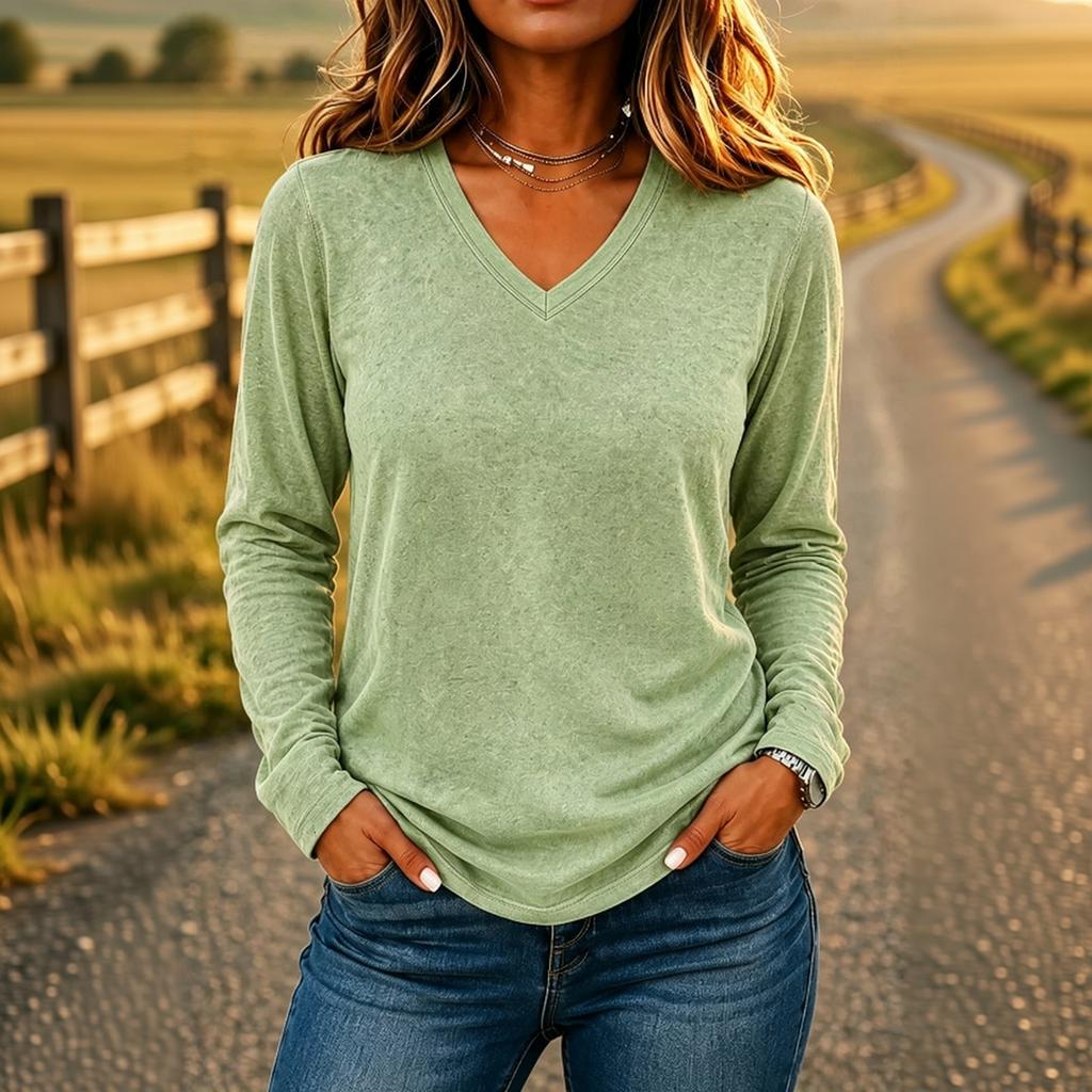 Women's V-Neck Long Sleeve T-Shirt Loose Fit Casual Color Pullover Fall