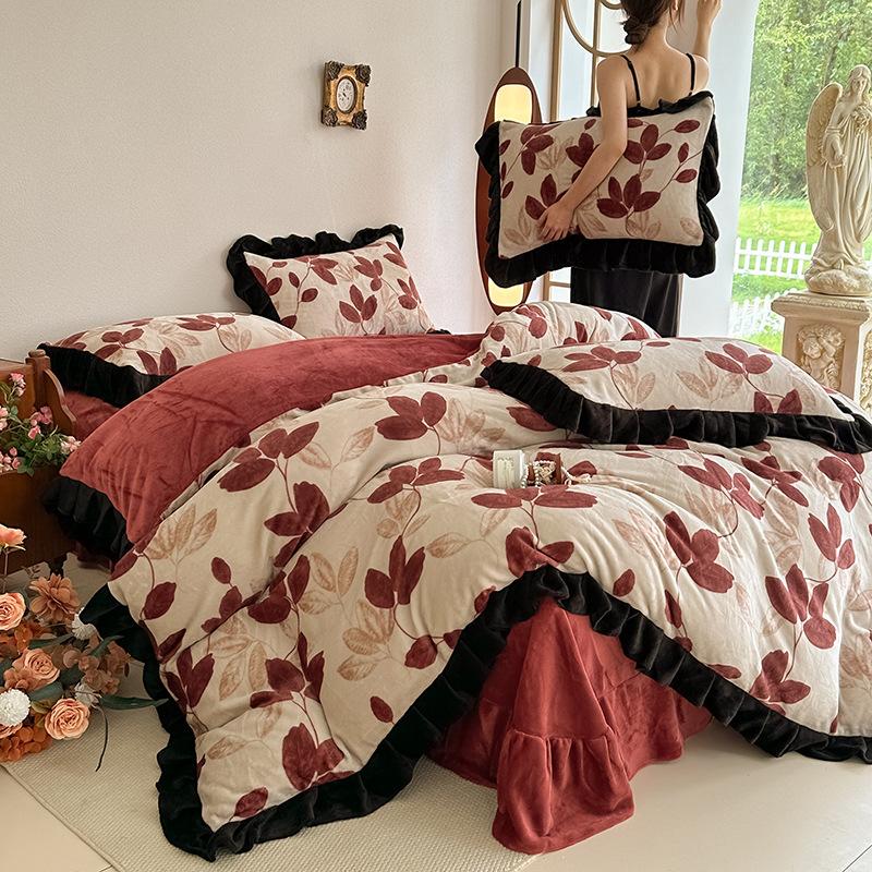 Four-Piece Set Of Thickened Milk Fleece On The Bed, High-Grade Warm Bed Sheet Quilt Cover, Coral Fleece Quilt Cover