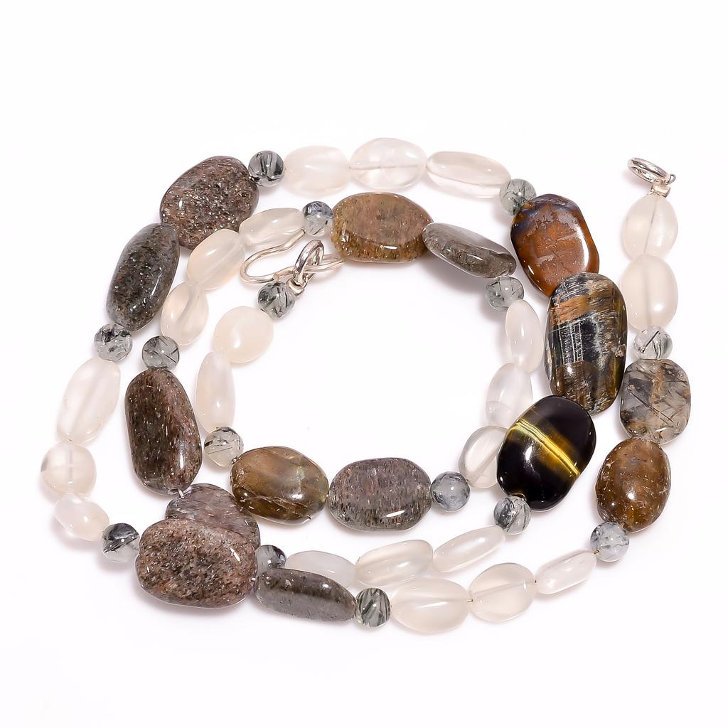White Moonstone Rutile Quartz Tiger Eye Smooth Beads Necklace 5-18 Mm 18.5" UB-8467