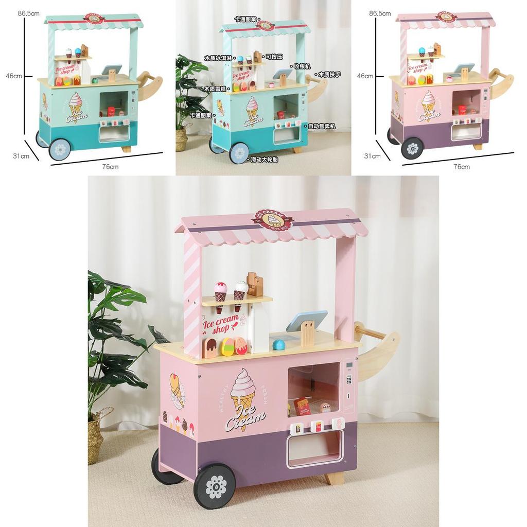 Wooden Ice Cream Shop Playset With Cash Register For Kids Pretend Market Toy