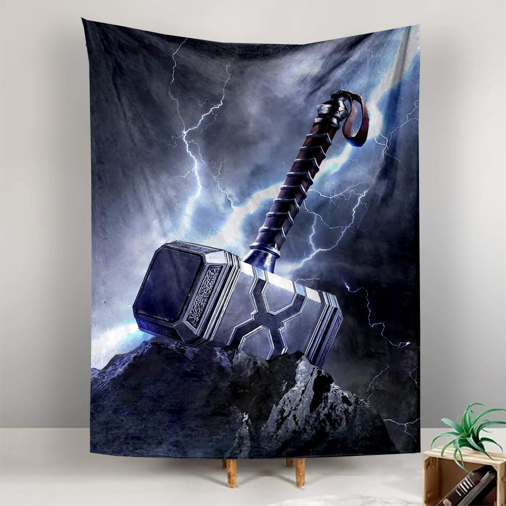 Tapestry Viking Thor Mjolnir Mountain Peak Storm Clouds Blue Lightning Cinematic Wall Hanging
