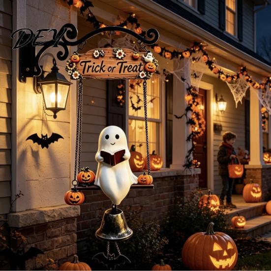 Halloween Hanging Bell Decoration Ghost Wind Chime Wall Hanging, Porch Yard Decor with Resin Metal Bell, Festive Vintage Farmhouse Ornament for Garden