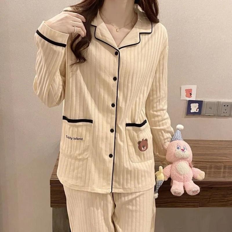 Women Spring and Autumn Two Pieces Pajamas Long Sleeve Pants Set Free Size Trousers Cardigan Thin Homewear Cotton with O-Neck