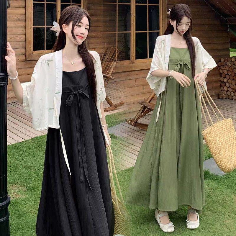 Plus Size Women's Chinese Style Waist-Cinching Camisole Dress & Fairy Cardigan Set