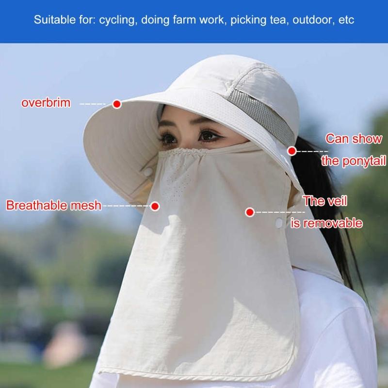 Chapeau Masque Facial Protection Solaire pour Femmes Chapeau de Soleil à Large Bord avec Cordon de Serrage Réglable Chapeau Respirant pour Activité en Plein Air